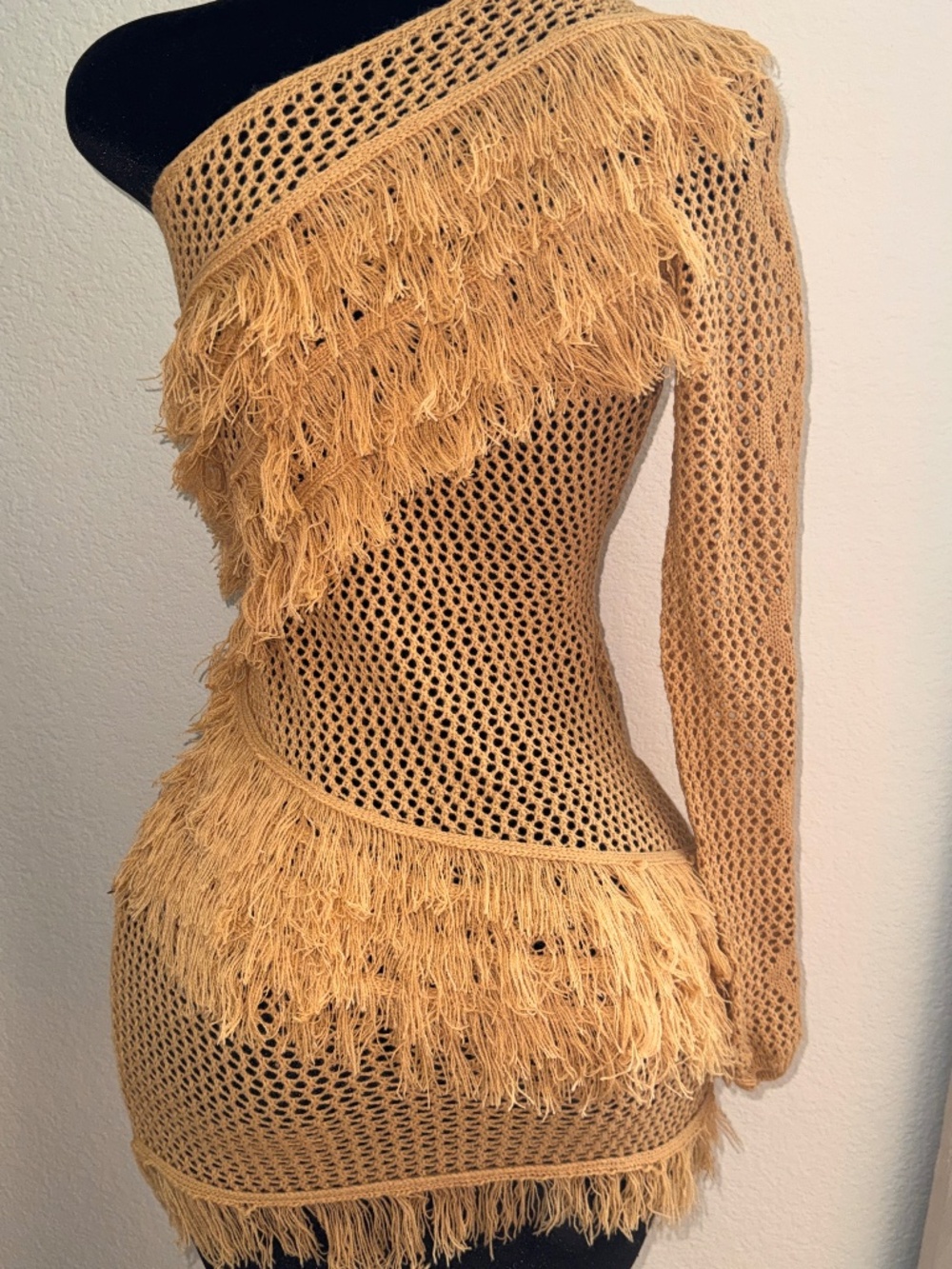 Fringe Crochet One Shoulder Cover-Up Dress | Boho Beachwear | Resort Style - Picture 6 of 7